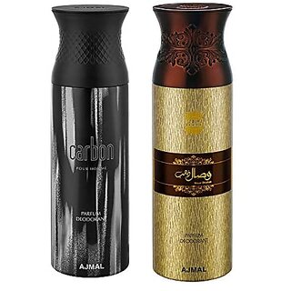                       Ajmal Carbon Homme & Wisal Dhahab Deodorant Spray Gift For Men (200 ml Pack of 2) + 1 Perfume Tester                                              