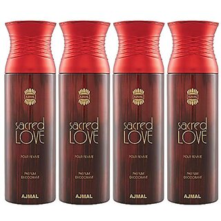                       Ajmal 4 Sacred Love Deodorant Spray - For Women (200 ml Pack of 4) + 2 Perfume Testers                                              