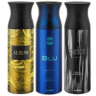                       Ajmal Aurum & Blu & Carbon Deodorant Spray - For Men & Women (200 ml Pack of 3) + 1 Perfume Tester                                              