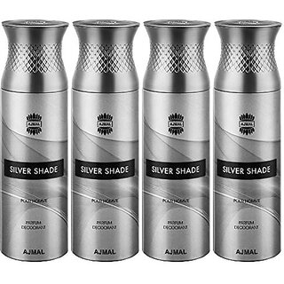                       Ajmal 4 Silver Shade Deodorant Spray - For Men (200 ml Pack of 4) + 2 Perfume Testers                                              