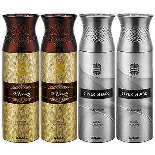                       Ajmal 2 Wisal Dhahab & 2 Silver Shade Deodorant Spray- For Men (200 ml Pack of 4) + 2 Perfume Testers                                              