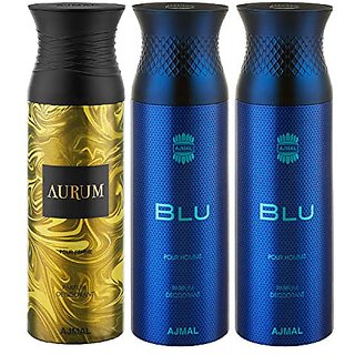                       Ajmal Aurum Blu Blu Deodorant Spray - For Men Women 200 Ml Pack Of 3 1                                              