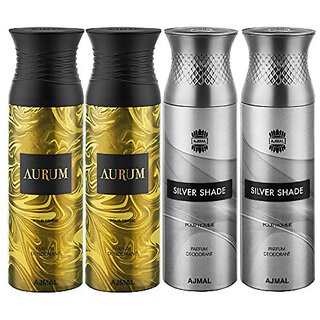                       Ajmal 2 Aurum & 2 Silver Shade Deodorant Spray- For Men & Women (200 ml Pack of 4) + 2 Perfume Testers                                              