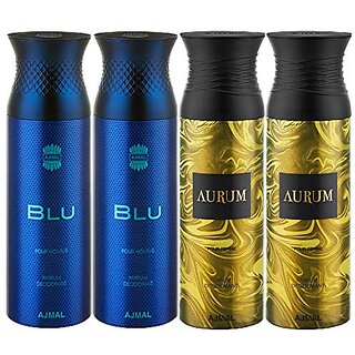                       Ajmal 2 Blu & 2 Aurum Deodorant Spray- For Men & Women (200 ml Pack of 4) + 2 Perfume Testers                                              