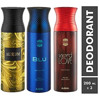                       Ajmal Aurum & Blu & Sacred Love Deodorant Spray - For Men & Women (200 ml Pack of 3)                                              