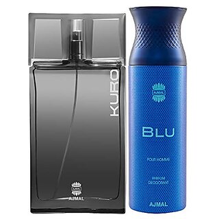                       Ajmal Kuro EDP Aromatic Spicy Perfume 90ml for Men and Blu Homme Deodorant Aquatic Woody Fragrance 200ml for Men+ 1 Perfume Tester FREE                                              