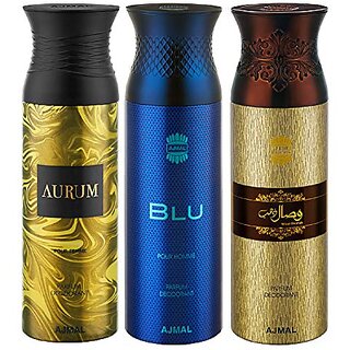                       Ajmal Aurum & Blu & Wisal Dahab Deodorant Spray - For Men & Women (200 ml Pack of 3) + 1 Perfume Tester                                              