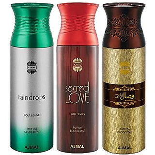                       Ajmal Raindrops & Sacred Love & Wisal Dahab Deodorant Spray - For Men & Women (200 ml Pack of 3) + 1 Perfume Tester                                              