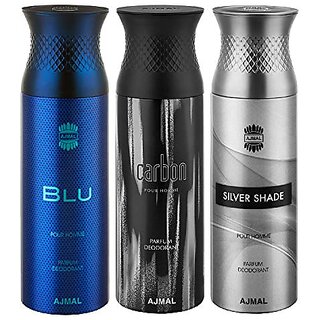                       Ajmal Blu Carbon Silvershade Deodorant Spray - For Men 200 Ml Pack Of 3                                              