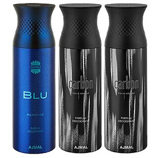                       Ajmal Blu & Carbon & Carbon Deodorant Spray - For Men (200 ml Pack of 3) + 1 Perfume Tester                                              