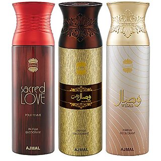                       Ajmal Sacred Love & Wisal Dahab & Wisal Deodorant Spray - For Men & Women (200 ml Pack of 3) + 1 Perfume Tester                                              