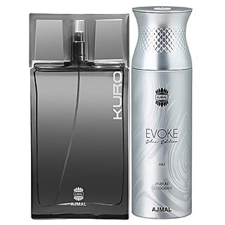                       Ajmal Kuro EDP Aromatic Spicy Perfume 90ml for Men and Evoke Silver Edition Him Deodorant Spicy Floral Fragrance 200ml for Men+ 2 Parfum Testers FREE                                              