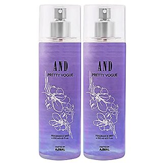 AND Pretty Vogue Pack of 2 Body Mist 200ML each for Female Crafted by Ajmal + 2 Parfum Testers AND Pretty Vogue Pack of 2 Body Mist 200ML each for Female Crafted by Ajmal + 2 Parfum Testers