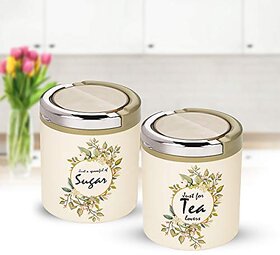 Trueware St Lift Up Canister Set Of 2 Sugartea With Transparent Lid-Olive Green 750 Ml Each Jar