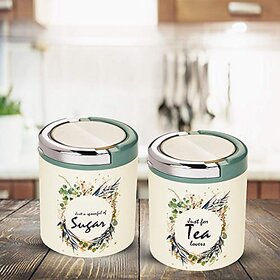 Trueware St Lift Up Canister Set Of 2 Sugartea With Transparent Lid-Green 750 Ml Each Jar