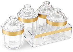 Trueware Kimora Serving Set Of 4 Pcs With Tray -Gold Cyrstal Cut Pattern Plastic Dry Fruit Jars500Ml Each Unbreakable Container