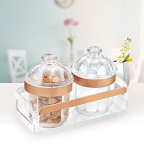 Trueware Kimora Serving Set O F 2 Pcs With Tray - Rose Gold Crystal Cut Pattern Plastic Dry Fruit Jars500Ml Each Unbreakable Container