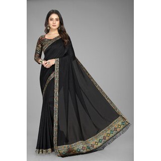                       Black Colour Vichitra Silk Saree With Jacquard Blouse                                              