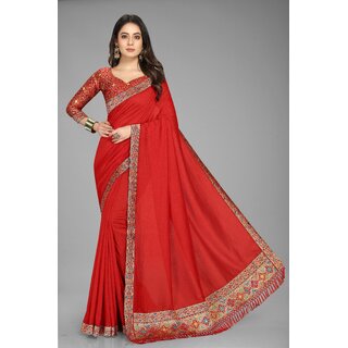Red Colour Vichitra Silk Saree With Jacquard Blouse Red Colour Vichitra Silk Saree With Jacquard Blouse