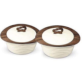                       Trueware Zinna Fusion Serving Casserole Set of 2 1000 ml + 1500 ml - Brown Inner Stainless Steel Casserole with Wooden Finish Top                                              