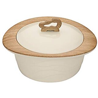                       Trueware Zinna Fusion Serving Casserole Set 750 ml - Beige Inner Stainless Steel Casserole with Wooden Finish Top                                              