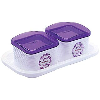                       Trueware Daffodil Storage Container 500 Ml (Set Of 2 Pcs With Tray) Unbreakable Airtight Cookiesdryfruit Container Set For Serving-Purple                                              