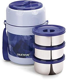 Trueware Office Plus 3 Lunch Box 3 Stainless Steel Containers Tiffin Insulated Lunch Box Outer Plastic Body BPA Free300 ml x 3-Blue