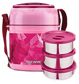 Trueware Office Plus 2 Lunch Box 3 Stainless Steel Containers Tiffin Insulated Lunch Box Outer Plastic Body BPA Free300 ml x 2 200 ml x 1-Pink
