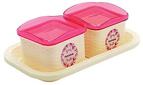 Trueware Daffodil Storage Container 500 ml (Set of 2 pcs with tray) Unbreakable Airtight CookiesDryfruit Container set for Serving-Pink