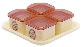 Trueware Daffodil Storage Container 500 ml (Set of 4 pcs with tray) Unbreakable Airtight Cookies Dryfruit Container set for Serving-Beige