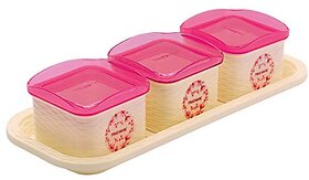 Trueware Daffodil Storage Container 500 ml (Set of 3 pcs with tray) Unbreakable Airtight Cookies Dryfruit Container set for Serving- Pink