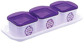 Trueware Daffodil Storage Container 500 ml (Set of 3 pcs with tray) Unbreakable Airtight Cookies Dryfruit Container set for Serving- Purple