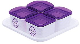 Trueware Daffodil Storage Container 500 ml (Set of 4 pcs with tray) Unbreakable Airtight Cookies Dryfruit Container set for Serving-Purple