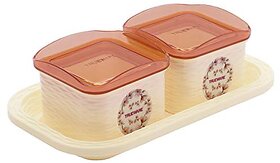 Trueware Daffodil Storage Container 500 ml (Set of 2 pcs with tray) Unbreakable Airtight CookiesDryfruit Container set for Serving-Beige
