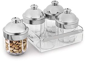 Trueware Kimora Plus Serving Set Of 4 Pcs With Tray -Silver Cyrstal Cut Pattern Plastic Dry Fruit Jars 500ml Each Unbreakable Container