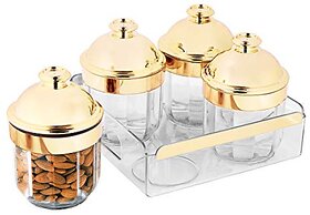 Trueware Kimora Plus Serving Set Of 4 Pcs With Tray -Gold Cyrstal Cut Pattern Plastic Dry Fruit Jars 500ml Each Unbreakable Container