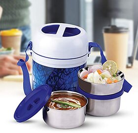 Trueware Office 3 Lunch Box 3 Stainless Steel Containers Tiffin Insulated Lunch Box Outer Plastic Body BPA Free300 ml x 3- Blue