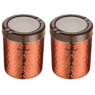                       Trueware Stainless Steel Lacquer Finish Hammer Lift Up Plus Airtight 750 Ml Set Of 2Pcs-Copper                                              