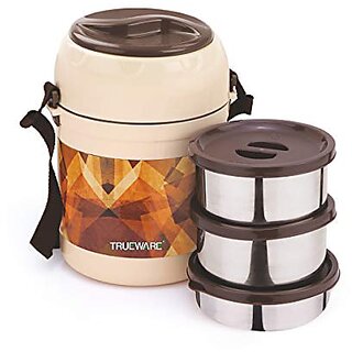                       Trueware Office Plus 2 Lunch Box 3 Stainless Steel Containers Tiffin Insulated Lunch Box Outer Plastic Body BPA Free300 ml x 2 200 ml x 1-Brown                                              