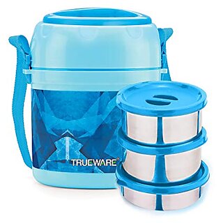                       Trueware Office Plus 2 Lunch Box 3 Stainless Steel Containers Tiffin Insulated Lunch Box Outer Plastic Body BPA Free300 ml x 2 200 ml x 1-Sky Blue                                              