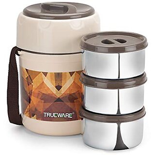                       Trueware Office Plus 3 Lunch Box 3 Stainless Steel Containers Tiffin Insulated Lunch Box Outer Plastic Body BPA Free300 ml x 3-Brown                                              