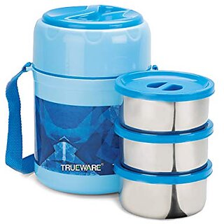                       Trueware Office Plus 3 Lunch Box 3 Stainless Steel Containers Tiffin Insulated Lunch Box Outer Plastic Body BPA Free300 ml x 3-Sky Blue                                              