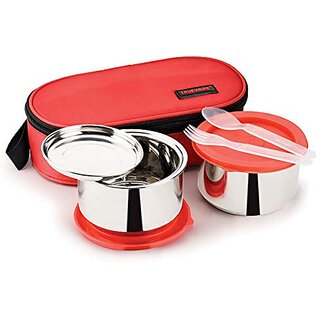 Trueware Bon Bon 2pcs Lunch Box with Stainless Steel Tiffin Box for Office amp School Use- Red 300ml x2