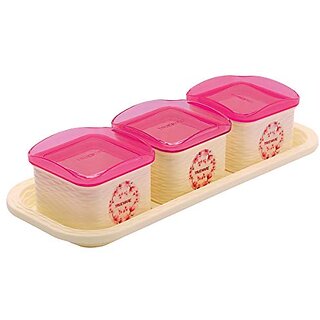                       Trueware Daffodil Storage Container 500 ml (Set of 3 pcs with tray) Unbreakable Airtight Cookies Dryfruit Container set for Serving- Pink                                              