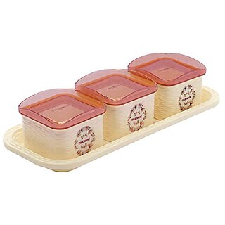                       Trueware Daffodil Storage Container 500 ml (Set of 3 pcs with tray) Unbreakable Airtight Cookies Dryfruit Container set for Serving- Beige                                              