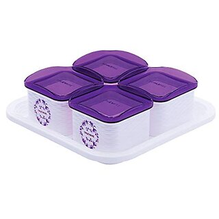                       Trueware Daffodil Storage Container 500 ml (Set of 4 pcs with tray) Unbreakable Airtight Cookies Dryfruit Container set for Serving-Purple                                              