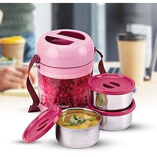 Trueware Office 3 Lunch Box 3 Stainless Steel Containers Tiffin Insulated Lunch Box Outer Plastic Body BPA Free300 ml x 3-Pink