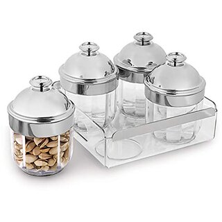                       Trueware Kimora Plus Serving Set Of 4 Pcs With Tray -Silver Cyrstal Cut Pattern Plastic Dry Fruit Jars 500ml Each Unbreakable Container                                              