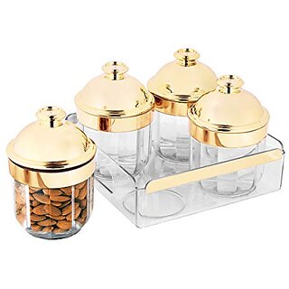                       Trueware Kimora Plus Serving Set Of 4 Pcs With Tray -Gold Cyrstal Cut Pattern Plastic Dry Fruit Jars 500ml Each Unbreakable Container                                              