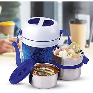                       Trueware Office 3 Lunch Box 3 Stainless Steel Containers Tiffin Insulated Lunch Box Outer Plastic Body BPA Free300 ml x 3- Blue                                              